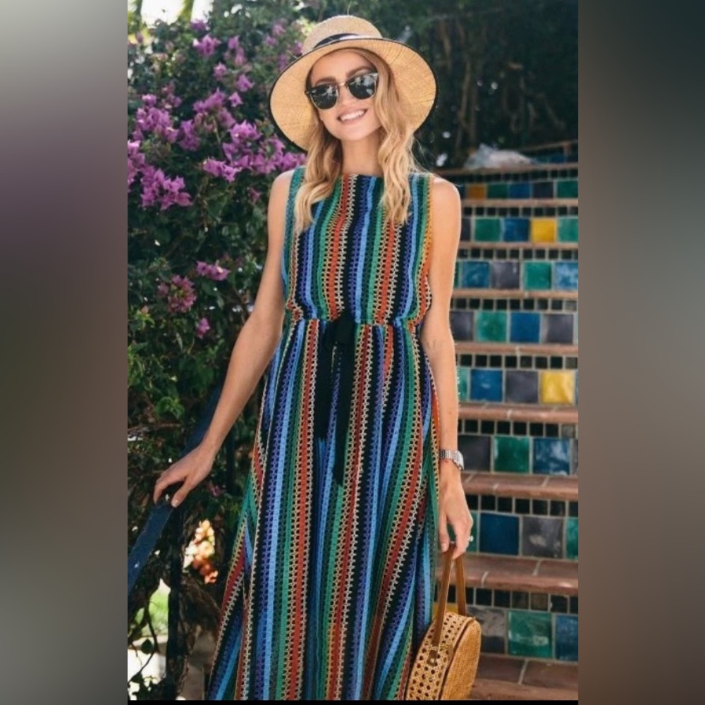Anthropologie Eva Franco Sleeveless Rainbow Crochet A-line Midi Dress C2